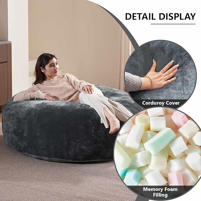 4FT Large Bean Bag Chairs,Big Adult Size Memory Foam Beanbags with Filler Included,Machine Washable Corduroy Cover,Soft Plush Gaming Bing Bag Puff Chair for Dorm, Living Room & Bedroom (Dark Gray)-Ruum Studio Home