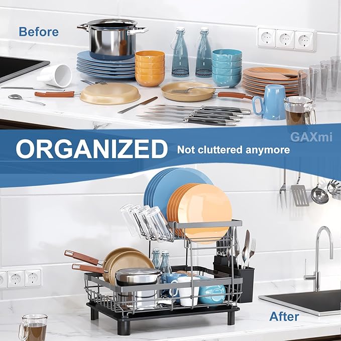 GAXmi Dish Drying Rack Over The Sink Drainer with Drainboard Utensil Holder Cup Holder, 2-Tier White-Ruum Studio Home