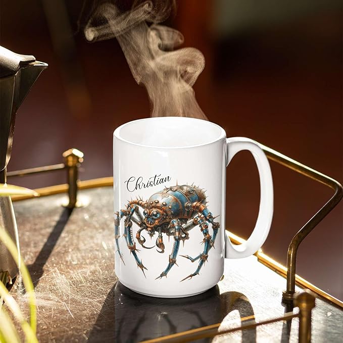 Personalized Steampunk Insect Mug, Customizable Name Mechanical Character Coffee Cup 11oz, Unique Cyberpunk Design Ceramic Mug, Customized White Cup Gift For Sci-Fi Enthusiasts-Ruum Studio Home