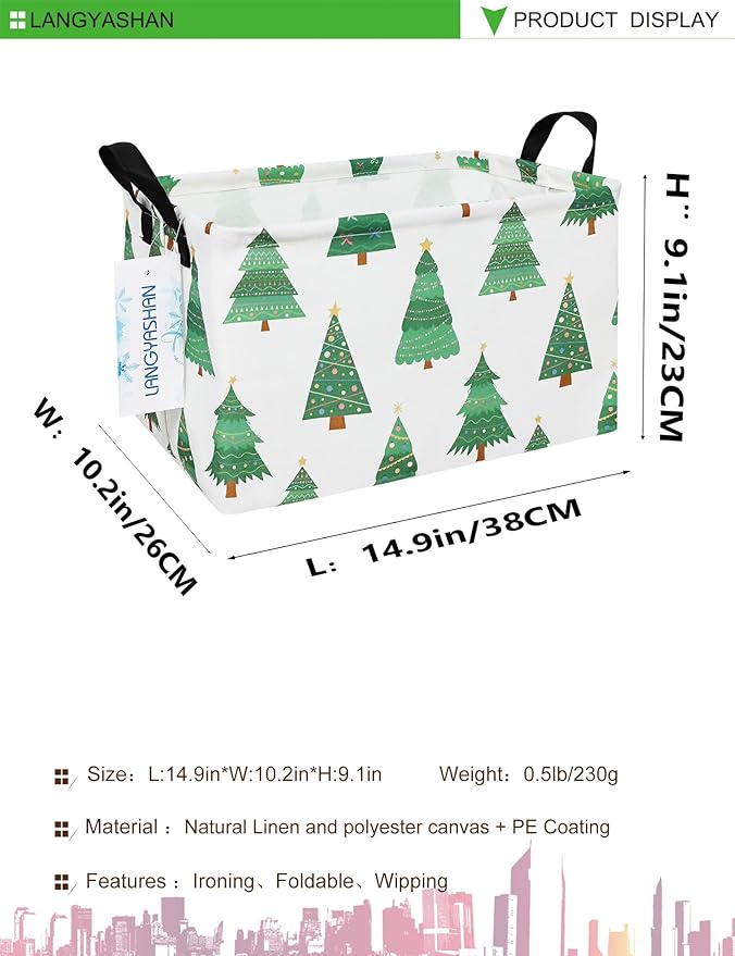 LANGYASHAN Rectangular Storage Bin Collapse Canvas Fabric Cartoon Storage Basket with Handles for Organizing Home Kitchen Boys and Girls Toys Office Closet Shelf Baskets (Rec christmas tree)-Ruum Studio Home