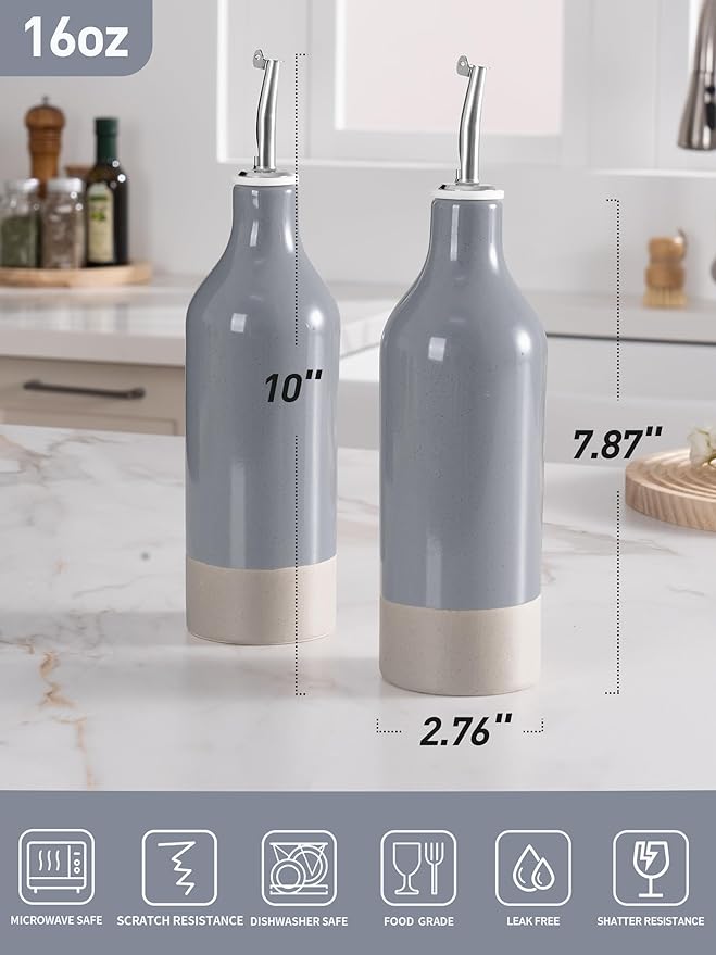 famiware Milkyway 16oz Ceramic Olive Oil Dispenser Bottle, Olive Oil and Vinegar Dispenser Bottle Set of 2 with Stainless Steel Pourers, Suitable for Storage Vinegar, Liquids, Dark Gray-Ruum Studio Home