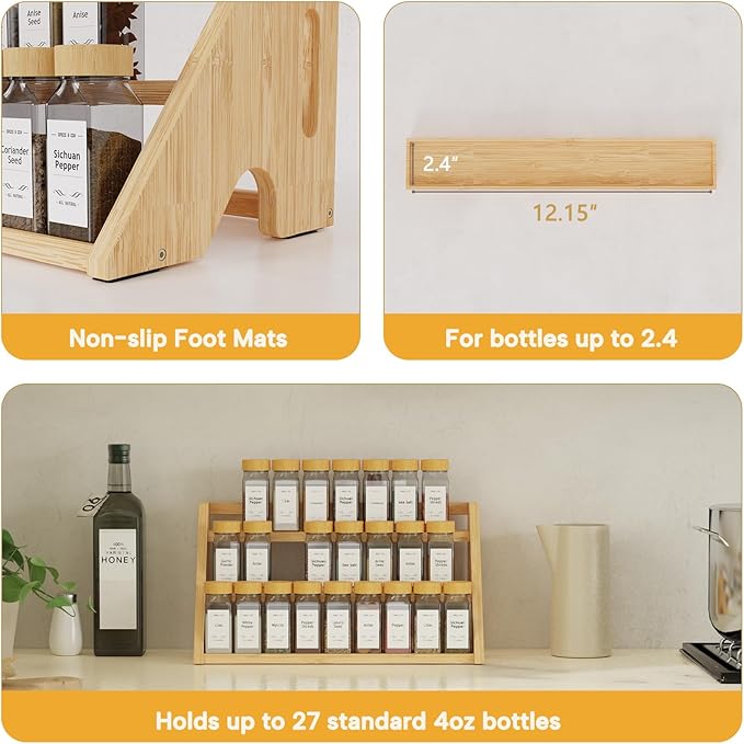 Bamboo Spice Rack Organizer -3-Tier Spice Rack for Countertop,Cabinet Spice Rack Organizer for 27 Spice Jars(4oz)，Step Shelf (yellow)-Ruum Studio Home