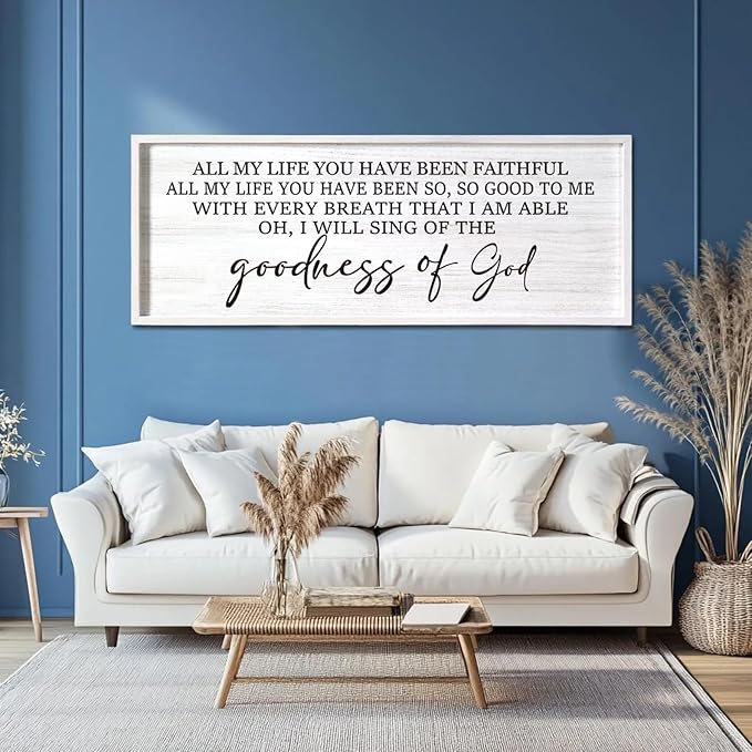 Goodness of God Framed Wall Art, 40''×15'' Positive Religious White Bible Verse for Christian God Jesus Christ Prayer, Vintage Rustic Long Holy Catholic Scripture Decor-Ruum Studio Home