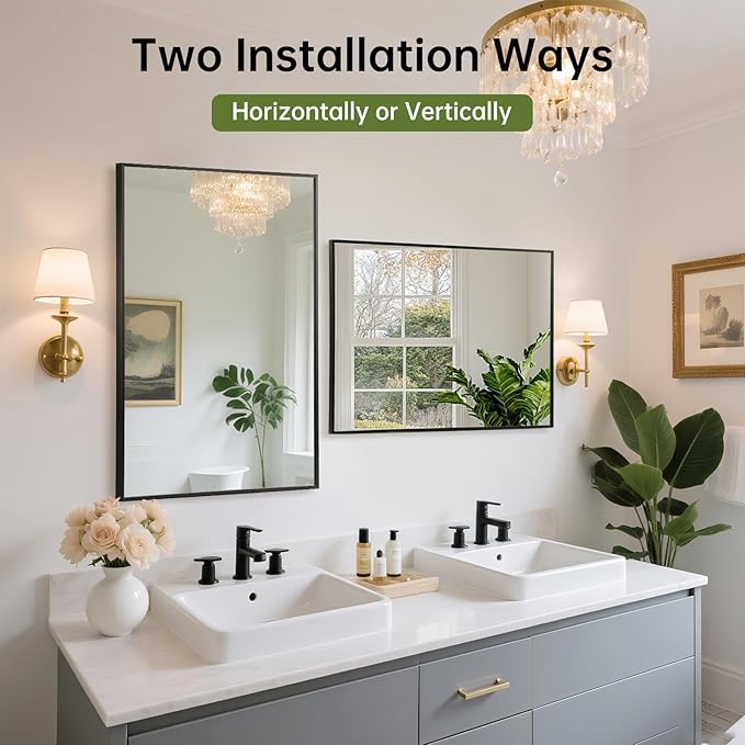 FARMER 22x30 Inch Black Bathroom Mirror, Rectangle Wall Mounted Mirror, Vanity Mirror, Brushed Square Mirror, Framed Bathroom Mirror for Bedrooms, Entryways, Living Rooms, Horizontal/Vertical-Ruum Studio Home