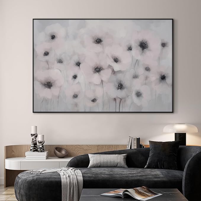 46"x72" Extra Large Framed Wall Art Soft White Poppies Watercolor Floral, Delicate Botanical for Home Living Room Bedroom Decor (Frame Assembly Required)-Ruum Studio Home