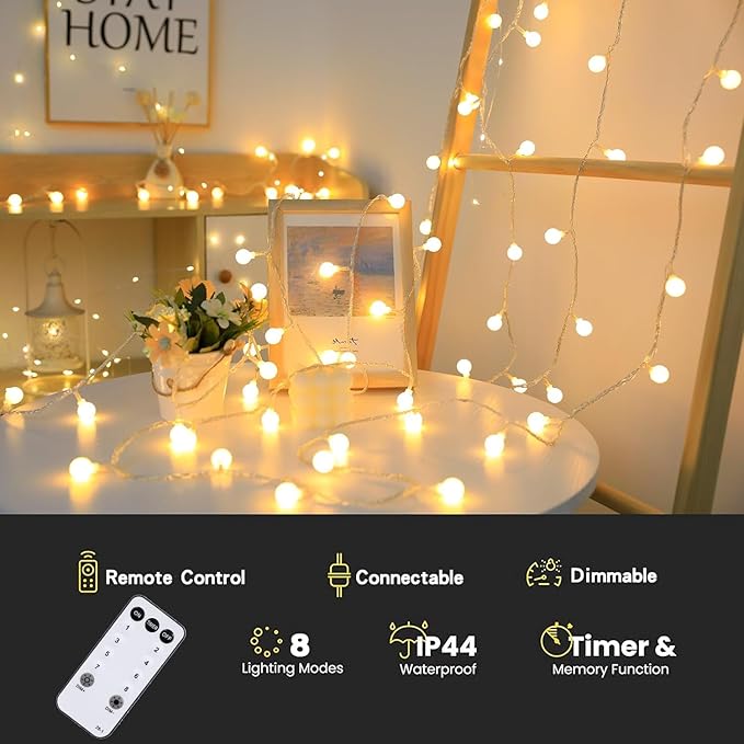 Globe String Lights Plug in 116 Ft. 200 LED 8 Modes with Remote,Waterproof Fairy String Lights for Indoor Outdoor Bedroom Party Wedding Garden Christmas Tree Decor,Warm White-Ruum Studio Home