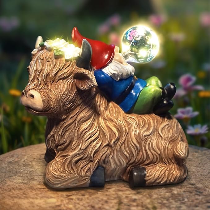 Solar Highland Cow Gnome Garden Decor Statue, Outdoor Funny Solar Light Decoration for Yard, Patio, Lawn, Unique Housewarming, Birthday Gift for Women, Mom, Grandma-Ruum Studio Home
