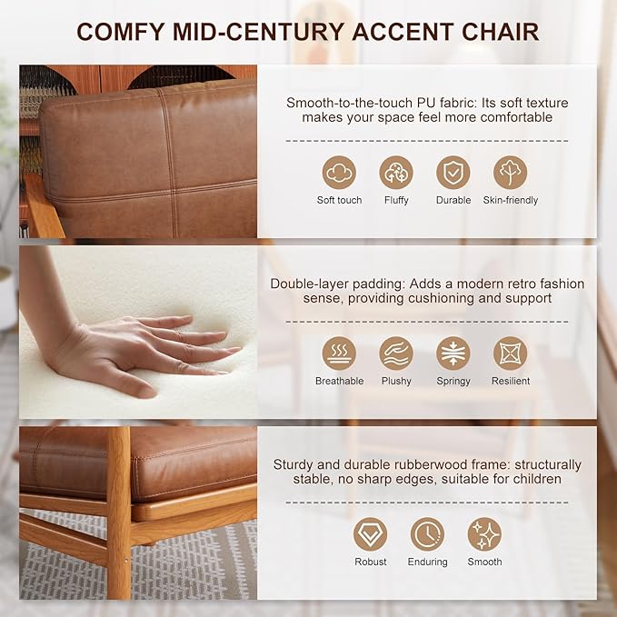 Mid Century Modern Accent Chair, Wooden Accent Chairs, Accent Chairs for Living Room, Wood Frame & Soft Cushion, Reading Leisure Chair for Living Room, Reading Room, Bedroom-Ruum Studio Home