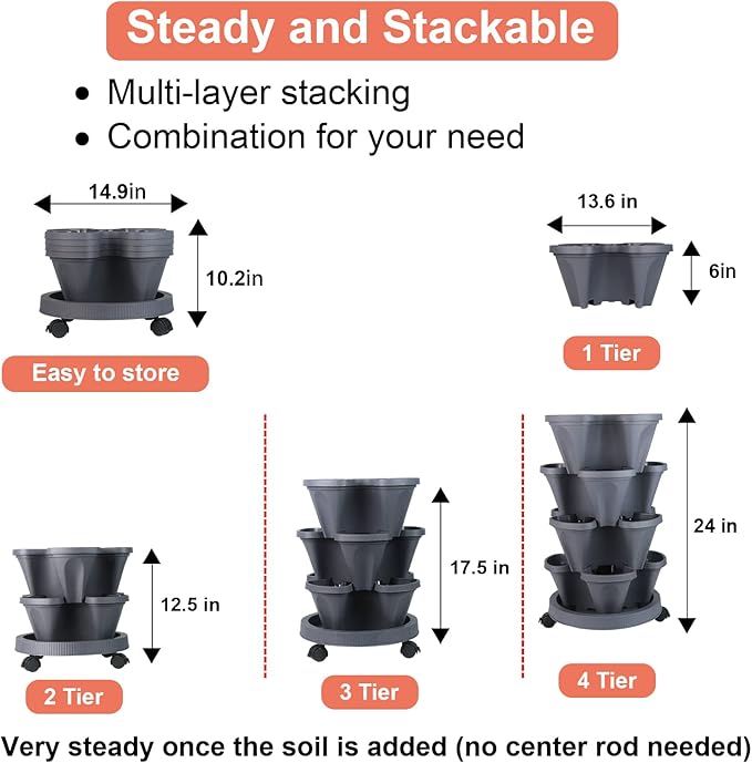 Vertical Planter 4 Tier Stackable Planters Garden Planters Strawberry Herb Flower and Vegetable Planter Indoor Outdoor Gardening Pots with Removable Wheels and Tools-Ruum Studio Home