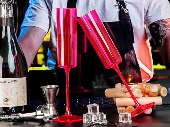 Ciaell 24 Pack Plastic Champagne Flutes - Hot Pink 6 Oz Disposable Champagne Glasses - Square Plastic Toasting Glasses for Party Birthday Anniversary Wedding-Ruum Studio Home