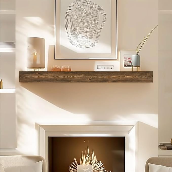 48x8x3 Fireplace Mantel - Handcrafted Hollow Rustic Solid Wood Wall Mounted Floating Shelf with Invisible Heavy Duty Wood Bracket (Weathered Brown)-Ruum Studio Home