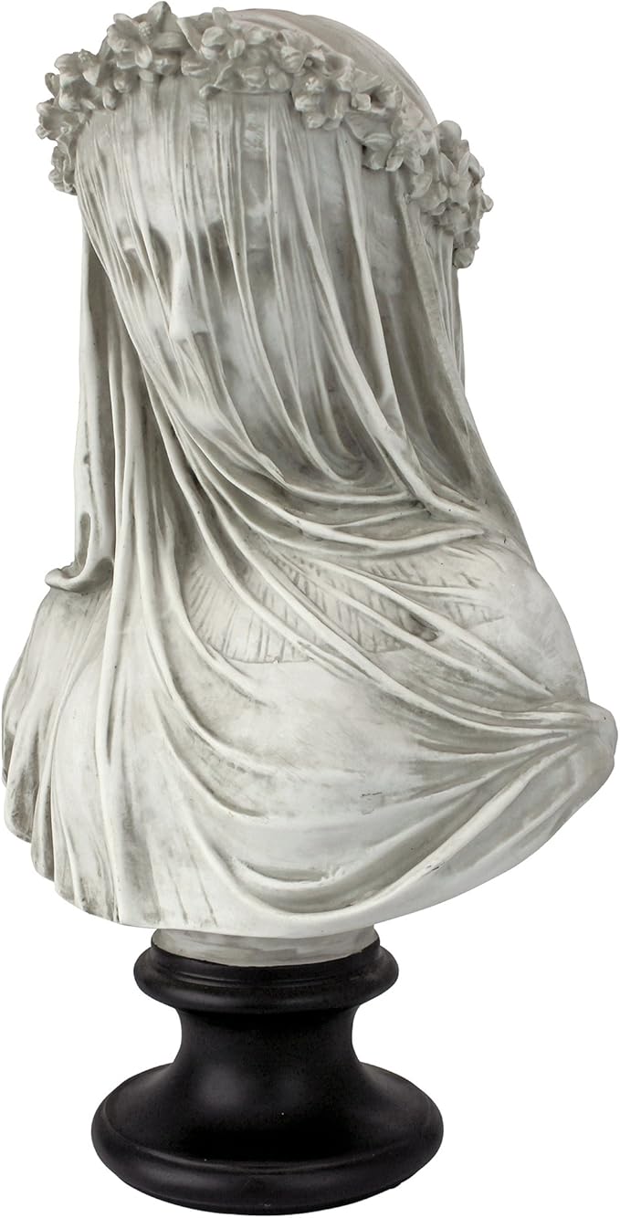 Design Toscano Veiled Maiden Indoor Bust Statue, 9 Inch Wide, 14 Inch Tall, Cast Stone Resin, Antiqued White Finish with a Black Painted Base-Ruum Studio Home