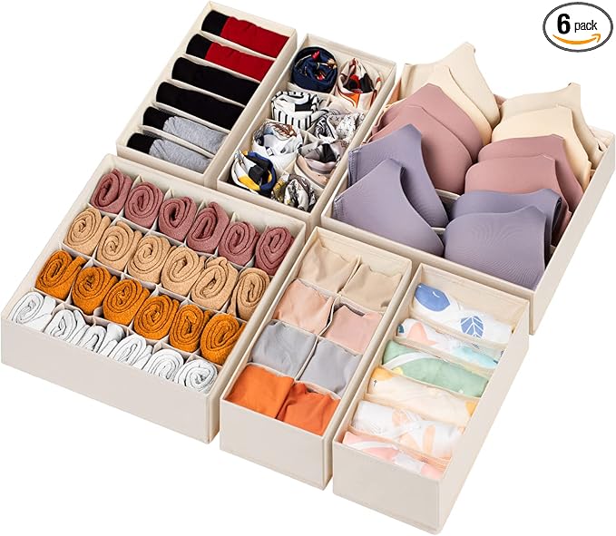 6 Pack Sock Underwear Drawer Organizer Dividers, 58 Cell Foldable Fabric Dresser Closet Organizers and Storage Bins for Clothing, Baby Clothes, Bra, Panty, Scarf, Ties (Beige)-Ruum Studio Home