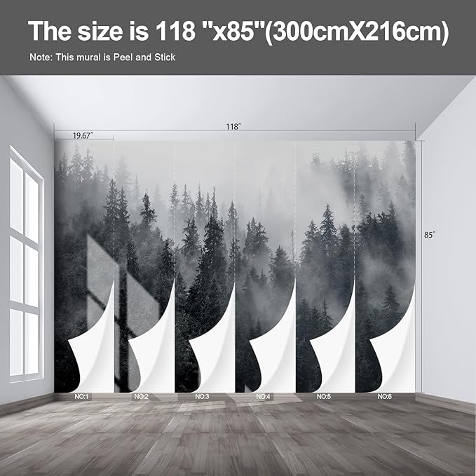 Misty Forest Landscape Wall murals Woodland Tree Peel and Stick Wallpaper for Bedroom Living Room - 85"x118"-Ruum Studio Home
