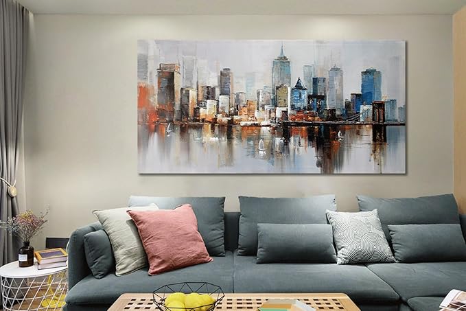 Arjun Brooklyn Bridge Wall Art Modern New York City Abstract Canvas Cityscape NY Painting Large Framed Colorful NYC Skyline Textured Picture for Living Room Bedroom Home Office Wall Decor, 48"x24"-Ruum Studio Home