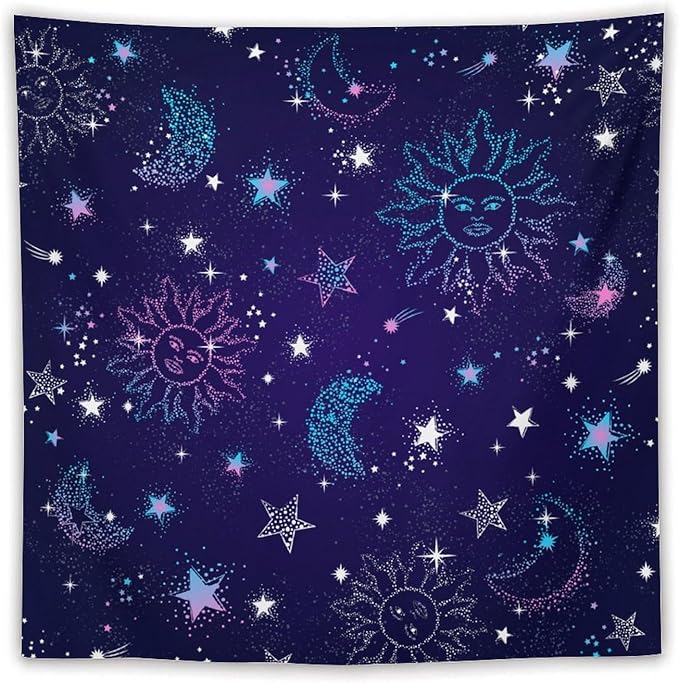 HZOHNAGO Boho Sun Moon Tapestry Purple Blue Sun Stars Galaxy Pattern Printed Wall Tapestry Wall Hanging for Bedroom Living Room Dorm 60" W x 60" H-Ruum Studio Home