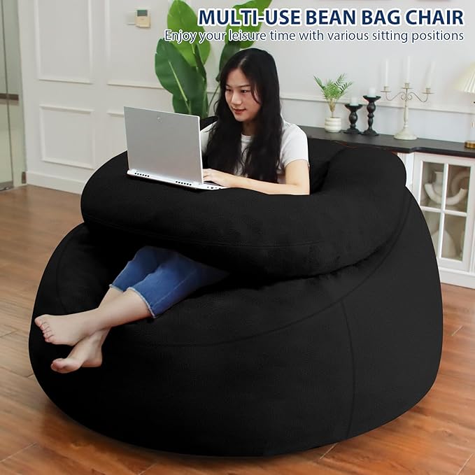 HABUTWAY Bean Bag Chair with U-Shaped Pillow for Adult and Kids Big BeanBag Chair with Filling Ultra Soft Teddy Fleece Couch Chair with Washable Cover for Living Room Bedroom Office, Black & Black-Ruum Studio Home