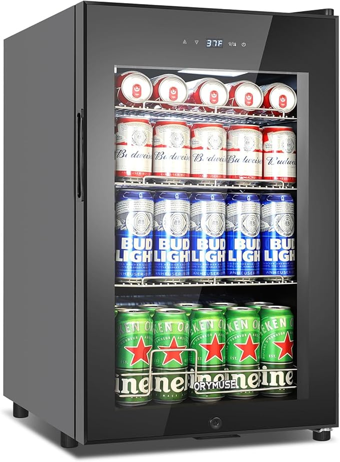 101 Cans Compressor Beverage Refrigerator, 17 Inch Drink Fridge with Glass Door, Adjustable Removable Shelves, Quiet Operation, Temp Memory, Beer Cooler for Soda, Beer, Water, Home Bar, Office-Ruum Studio Home