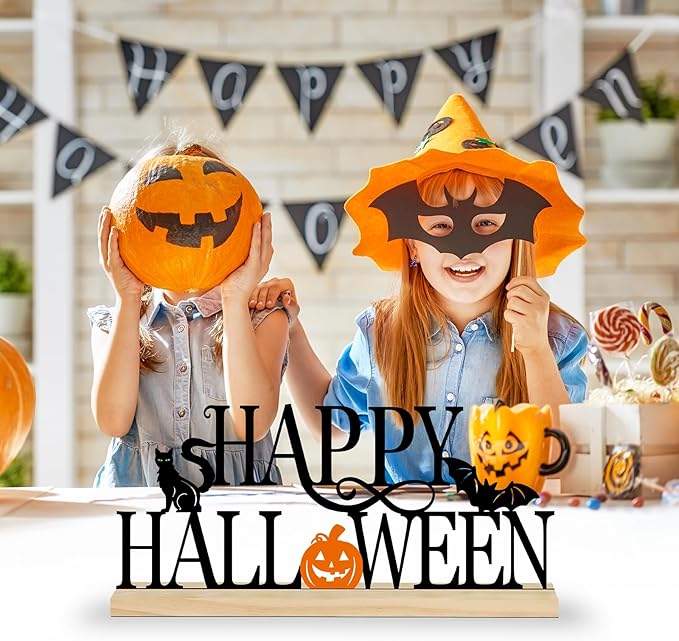 COCHIE Metal Happy Halloween Sign, Black Halloween Decorations for Home, Office, Shelf, Mantel, Indoor, Jack-o-lantern Decoration, Spooky Cat Bat Decor (Halloween)-Ruum Studio Home