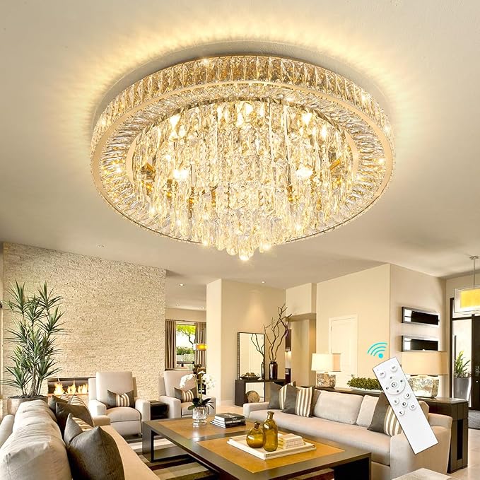 Modern Crystal Chandeliers for Living Room Ceiling Light Fixture LED Dimmable Lamp with Remote Pendant Lighting Flush Mount Ceiling Light for Dining Room Bedrooms Foyer-Ruum Studio Home