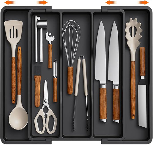Lifewit Utensil Organizer for Kitchen Drawers, Expandable Cooking Utensil Tray, Adjustable Cutlery Silverware Flatware Holder, Plastic Kitchen Spatula Tools and Gadgets Storage Divider, Large, Black-Ruum Studio Home