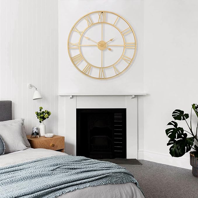 LEIKE Large Modern Wall Clocks,32" Gold Metal,Rustic,Round,Nearly Silent,Little Ticking,Battery Operated Roman Numerals Clock for Living Room/Bedroom/Kitchen Wall Decor-(Gold, 80cm)-Ruum Studio Home