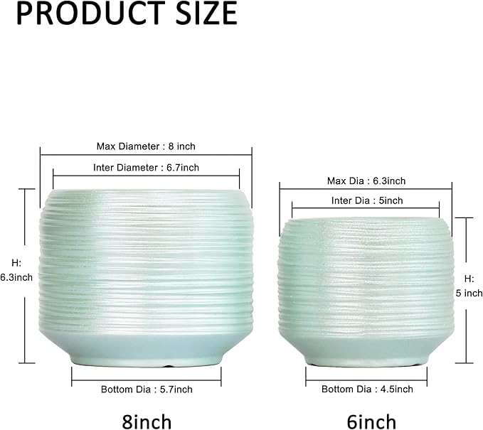 8 Inch + 6 Inch Ceramic Plant Pots Indoor with Drainage – Flower Pot Set, Decorative Indoor Planters for House Plants and Garden Use-Ruum Studio Home