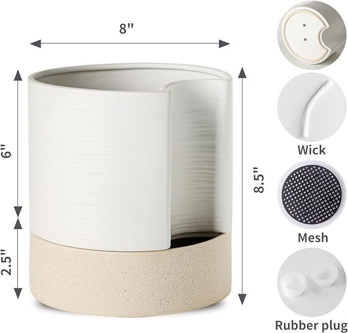 Nihow Self Watering Plant Pot: 8 Inch Ceramic Planter with Drainage Hole & Water Storage Plus for Indoor & Outdoor Plants - Cylinder Round Flower Pot for Succulent/Herbs/Violets - White & Brown-Ruum Studio Home