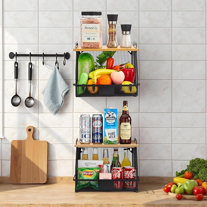 1 SET Large fruit basket for kitchen counter-stackable basket with Bamboo Tops & Tag,hanging wall baske,for Cabinet Shelf Countertop pantry storaget, onion potato Vegs Bread Food Organizing Bin,BLACK-Ruum Studio Home