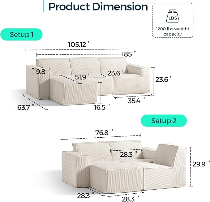 LINSY HOME Modular Sectional Sofa, 105" Boneless Couch L Shaped 3-Seat Sofa with Movable Ottoman, Corduroy Sectional Cloud Couches for Living Room, No Assembly Required, Beige-Ruum Studio Home
