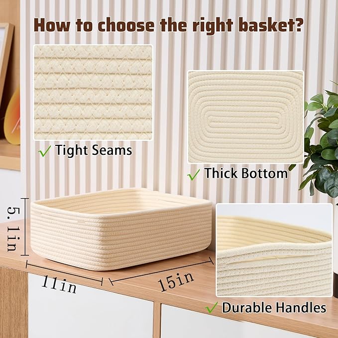 Large Shallow Organizing Baskets 15x11x5.1 Inches - Rope Woven Storage Bins for Bathroom, Shelves, Cube Closet, Beige 2 Packs-Ruum Studio Home