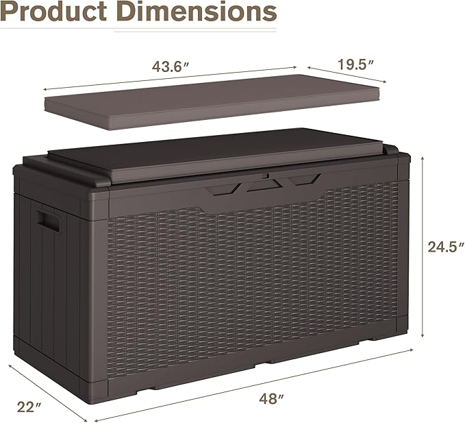 JUMMICO 100 Gallon Resin Deck Box with Cushion, Waterproof Outdoor Storage Box with Lockable Lid for Garden Tools, Patio Cushions (Brown)-Ruum Studio Home