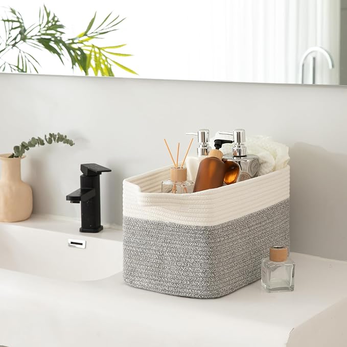 OIAHOMY 3 Pack Storage Basket for Organizing, 13''X9.85''X8.7'' Storage Bins,Woven Basket Basket with Handles, Toy Storage Basket Bin,Stylish Room Decor Basket, White & Grey variegated-Ruum Studio Home
