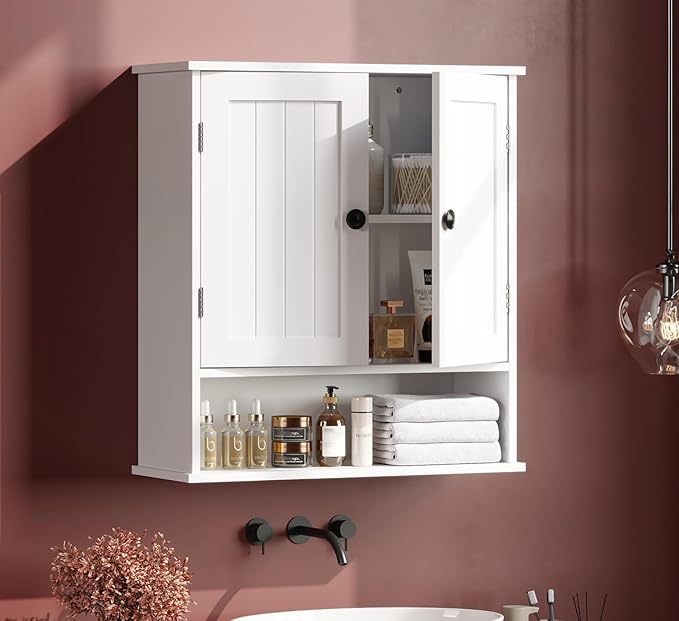 Bathroom Cabinet Wall-Mounted, White Storage Cabinets with Adjustable Shelves, Space-Saving Organizer with 2 Doors for Bathroom, Laundry, Kitchen - Moisture Resistant & Easy Install-Ruum Studio Home