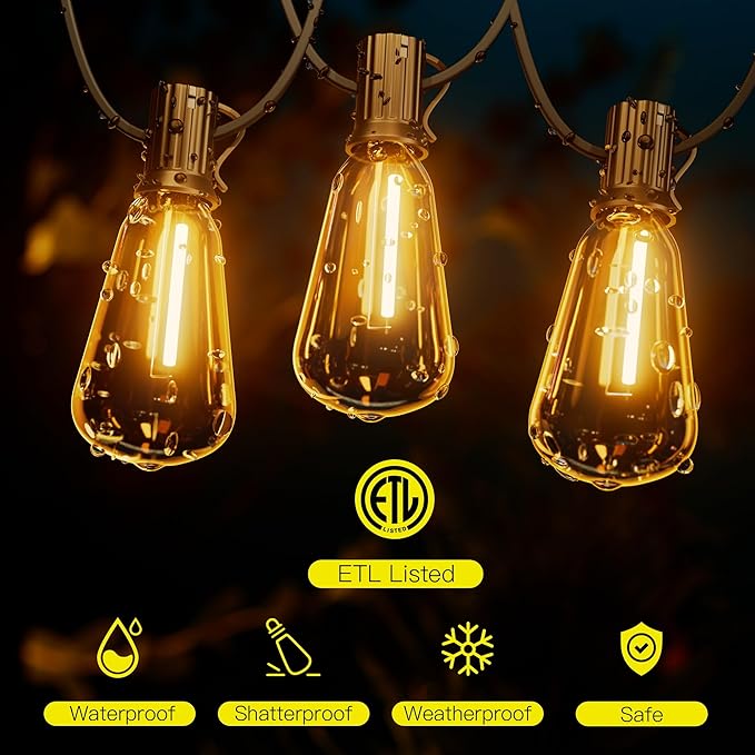 OHLUX Bistro String Lights Outdoor, 60FT Deck Lights with 32 Shatterproof ST38 Vintage Edison Bulbs, 2200K Warm Dimmable Connectable LED Light String for Outside Porch Yard Gazebos Balcony Garden-Ruum Studio Home