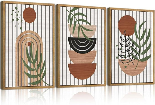 Large Boho Mid Century Wood Wall Art Set Modern Bohemian Wooden Wall Decor Minimalist Leaf Art Decor Abstract Geometric Wall Sculptures for Living Room Bedroom Office-16x24Inchx3-Ruum Studio Home
