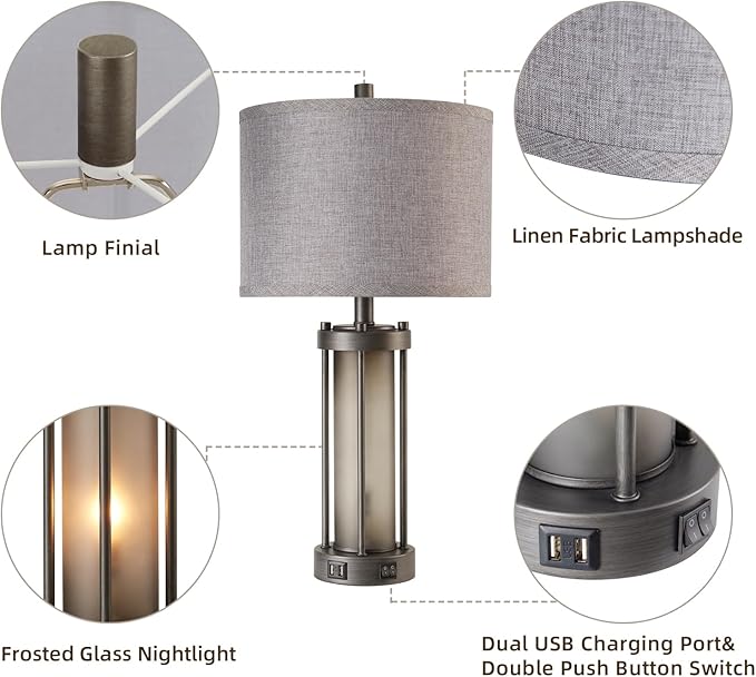 Set of 2 Rustic Table Lamps for Living Room with 2 USB Ports, Vintage Bedside Lamps with Gray Frosted Glass Night Light for Bedroom Desk Lamps for Entryway, 4 Bulbs Included-Ruum Studio Home