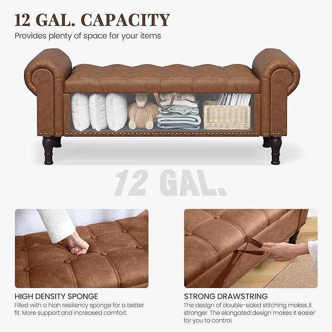 51" Storage Ottoman Bench for Bedroom, Full Queen Storage Bench with Button, Upholstered Bedroom Bench with Rolled Arms for Living Room, Storage Room, Entryway, Brown-Ruum Studio Home