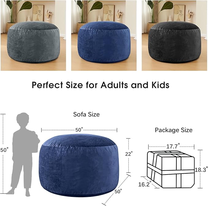 Bean Bag Chairs for Adults - Memory Foam Furniture BeanBag Chair - Kids/Teens Sofa with Soft Micro Fiber Cover - Round Fluffy Couch for Living Room Bedroom College Dorm - 5 ft, Navy-Ruum Studio Home