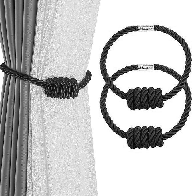 Fenghuangwu 2Pack Magnetic Curtain Tiebacks – Bohemian Style Handmade Woven Tie-Backs for Drapes,Elegant Exquisite Knot Holdbacks,Outdoor Boho & Modern Home Decor（Black-Ruum Studio Home