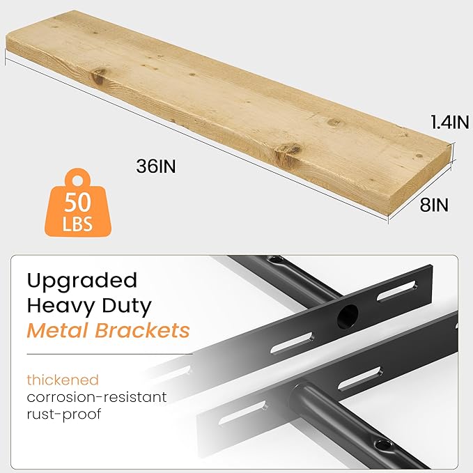 Fun Memories Floating Shelves for Wall Decor, 36"x8" Rustic Reclaimed Wood Shelves, Heavy-Duty Wall Mounted Shelves with Invisible Brackets, Set of 2for Living Room, Bedroom, Kitchen, Natural Finish-Ruum Studio Home
