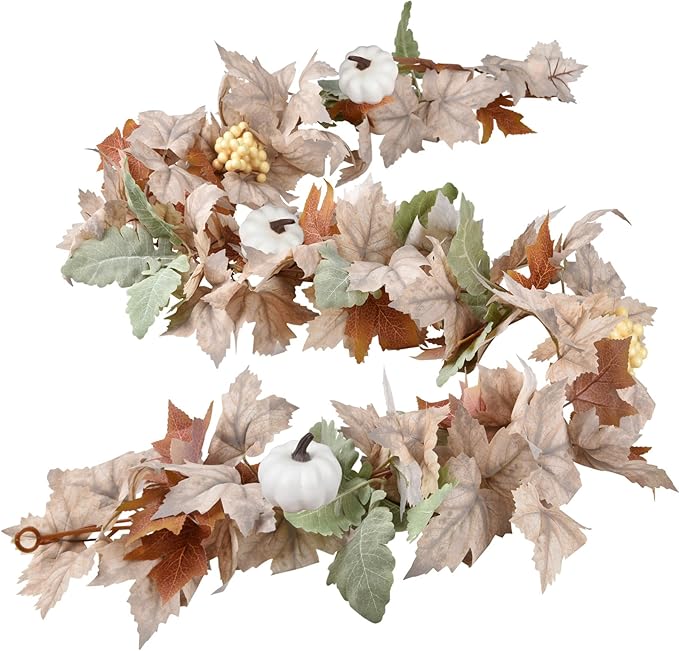 Lvydec Fall Maple Leaves Garland Decoration - 5.8ft Artificial Fall Foliage Garland with White Pumpkins Autumn Decor for Halloween Thanksgiving Home Table Decor (White)-Ruum Studio Home