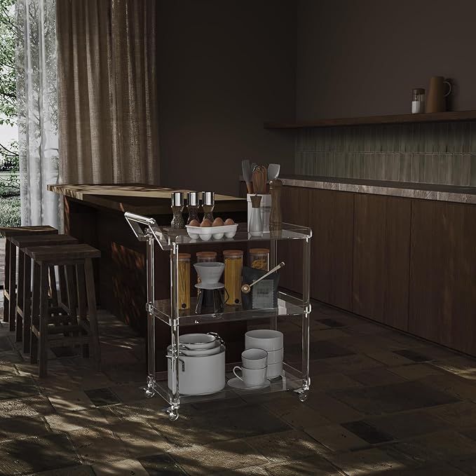 HMYHUM Acrylic Bar Cart with 4 Lockable Wheels, 30.5" L x 15.2" W x 34.5" H, Rolling Serving Cart for The Home Bar, Kitchen, Living Room, with Pulling Handle, Modern, 3-Tier, Clear-Ruum Studio Home