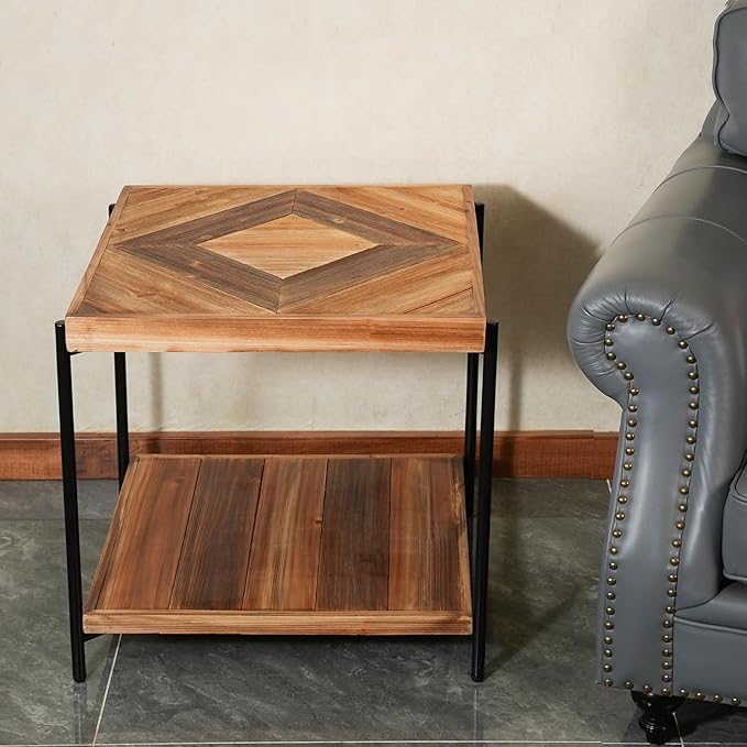 CONSDAN StoneCreek Solid Fir Wood Side Table - Metal Frame, 2-Tier End Table for Living Room/Bedroom/Office, 23" Square Night Stand, Accent Table-Ruum Studio Home