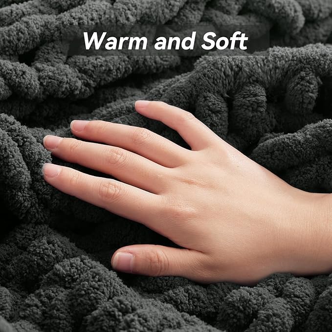 Chunky Knit Throw Blanket, 40''*50'' Knitted Throw Chenille Yarn for Bed Couch, Handmade Dark Grey Crochet Big Thick Blanket, Machine Washable Cute Comfy Blanket for Home Decor-Ruum Studio Home