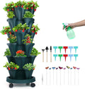 Vertical Planter, 6 Tier Stackable Strawberry Planter with Garden Tool Set, Movable Indoor/Outdoor Garden Herb Pot for Growing Vegetables and Succulents, Green-Ruum Studio Home