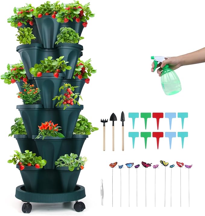 Vertical Planter, 6 Tier Stackable Strawberry Planter with Garden Tool Set, Movable Indoor/Outdoor Garden Herb Pot for Growing Vegetables and Succulents, Green-Ruum Studio Home
