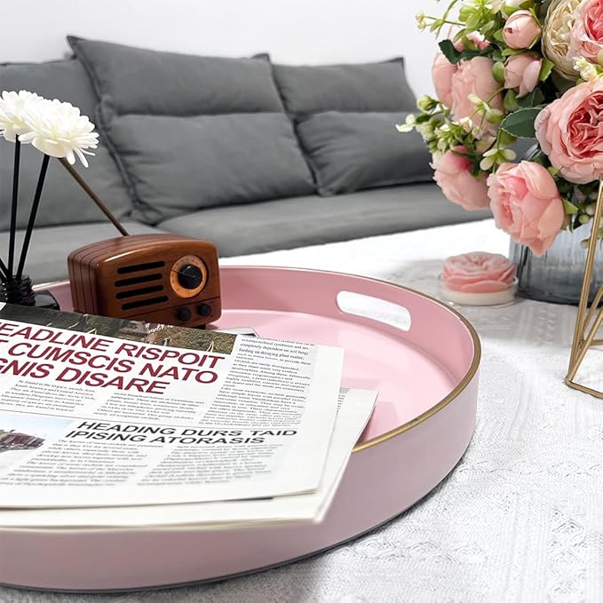 13" Pink Serving Tray with Handles,Round Decorative Tray for Coffee Table, Plastic Modern Coffee Table Tray for Ottoman, Living Room, Bathroom, Décor.-Ruum Studio Home