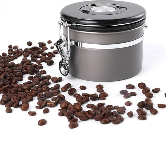 malmo Coffee Canister, Airtight Coffee Container with Date Tracker Lid, Stainless Steel Canister for Kitchen Food Storage (Gary, 9oz)-Ruum Studio Home