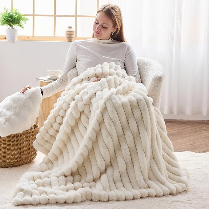 NEWCOSPLAY Faux Fur Twin Blanket Ivory 3D Ribbed Plush Thick Warm Blanket for Couch Sofa Bed 850GSM (Ivory Ribbed, Twin(60"x80"))-Ruum Studio Home